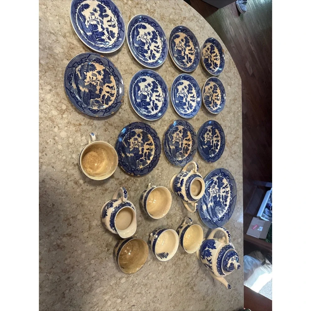 Vintage Blue Willow Tea Set Occupied Japan Blue White Transferware 18pc As-Is